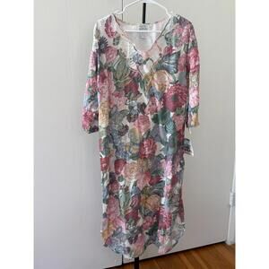 Earth Angels Floral Cotton Midi Dress Pink Green 3/4 Sleeve Women’s Small